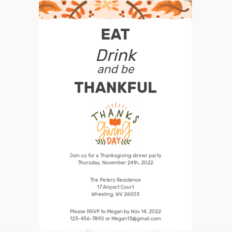 Eat Drink and Be Thankful Thanksgiving Event Invite